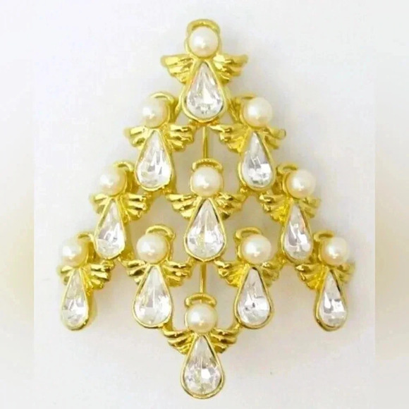 Vintage Angel Christmas Tree Crystal Pearl Gold Brooch Signed BW Butler Wilson - Picture 2 of 4